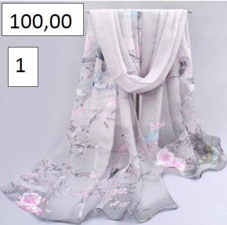 Lindo Cachecol de Seda Cinza com Flores Rosa!  Um Luxo